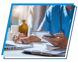 GW Parallelogram person in scrubs holding pencil and working on devices
